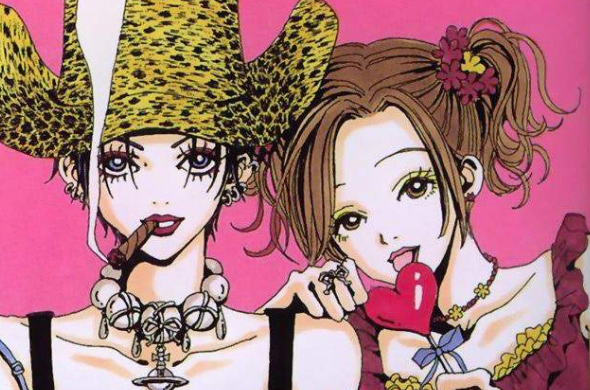 An illustration of the manga Nana, showing the two Nanas with stylish punk aesthetic against a pink background.