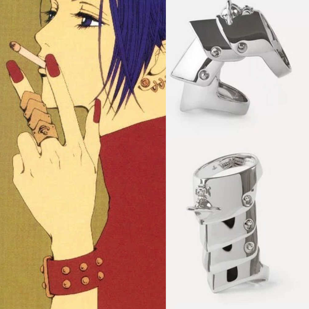 Two images showing how the Vivienne Westwood ring was showcased in the manga Nana.