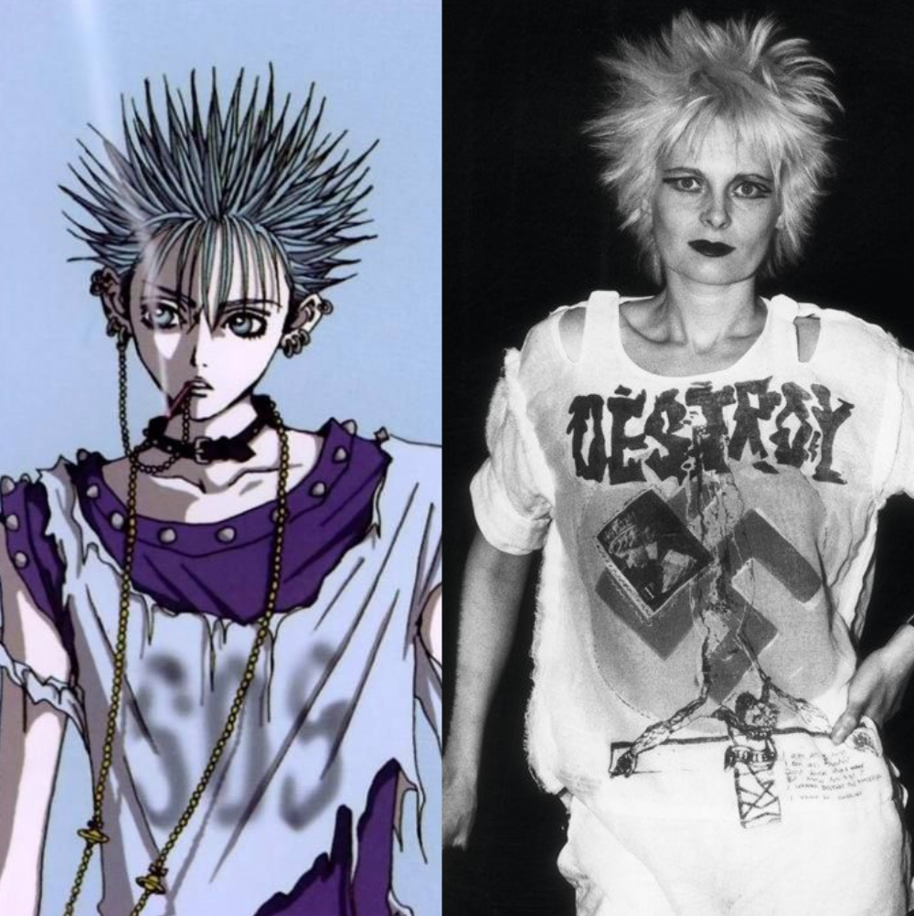 two pictures showing how the character Shin from the manga Nana was inspired by Vivienne Westwood aesthetic.