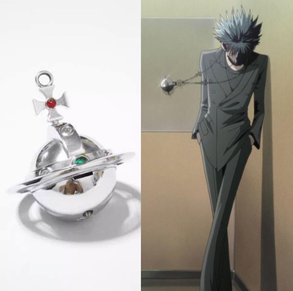 Two pictures showing how the Vivienne Westwood lighter necklace was showcased in the manga Nana